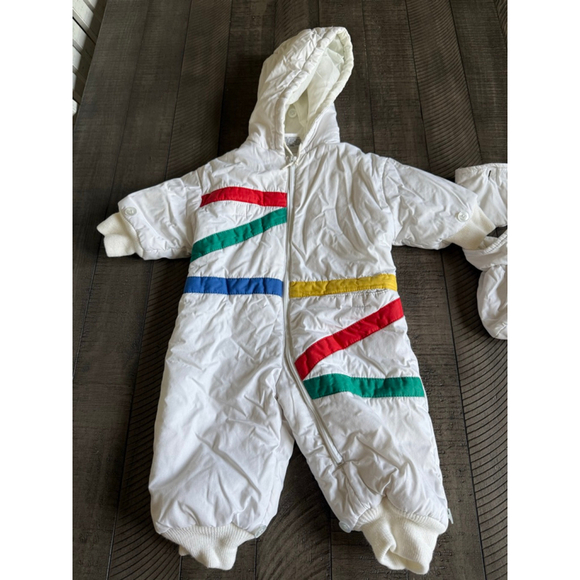 Vintage 80s Baby Snowsuit Rainbow Stripes White One Piece Hooded 12 Mo - Picture 2 of 6